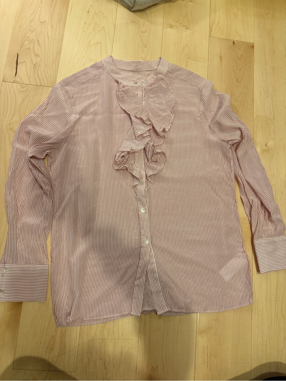 Womens Pink Striped Ruffle Front Button Blouse
